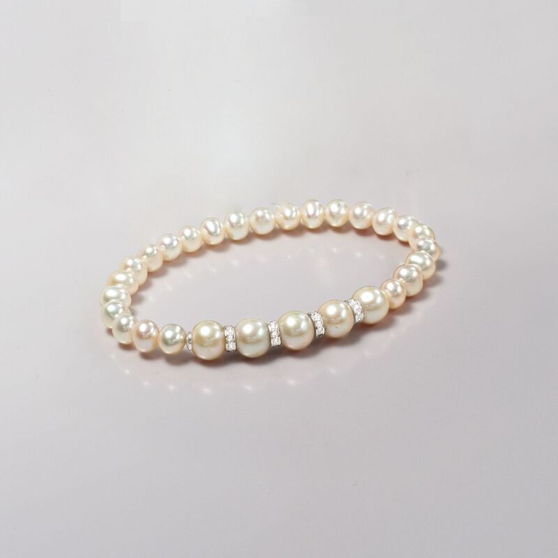 6-8.5mm Cultured Pearl and .25 ct. t.w. Diamond Stretch Bracelet with Sterling Silver image number 3