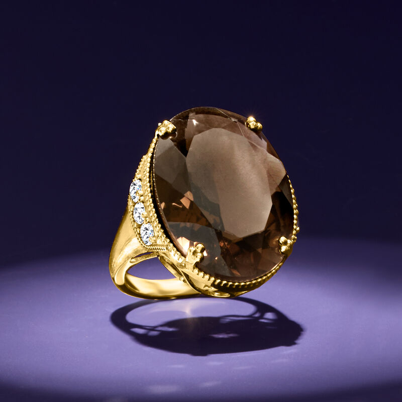 20.00 Carat Smoky Quartz and 1.60 ct. t.w. White Zircon Ring in 18kt Gold Over Sterling image number 5