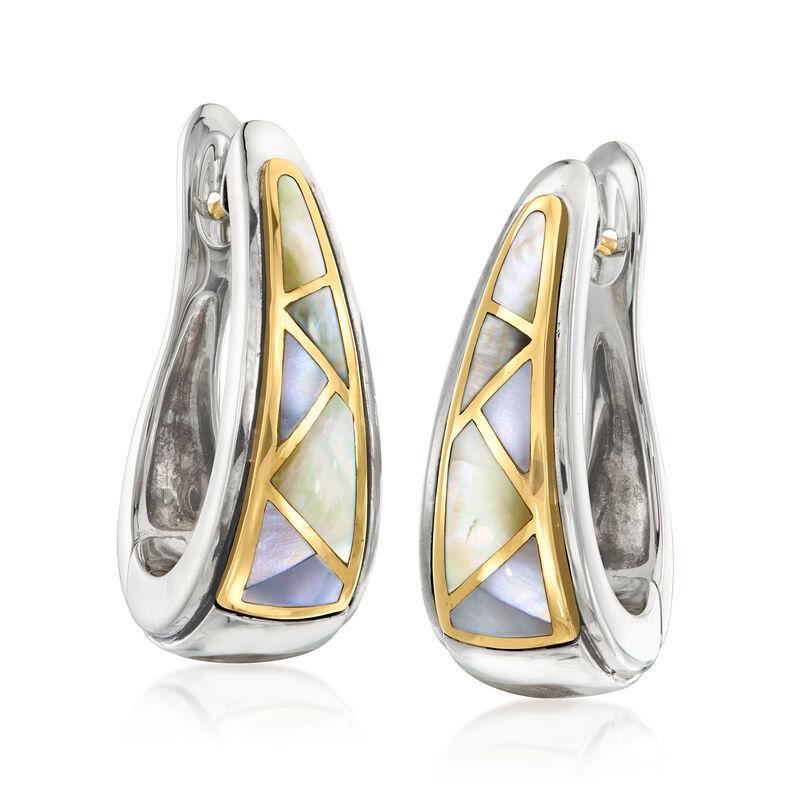 C. 1980 Vintage Asch Grossbardt Multicolored Mother-of-Pearl Inlay Hoop Earrings in Sterling Silver and 18kt Yellow Gold. 1" image number 2