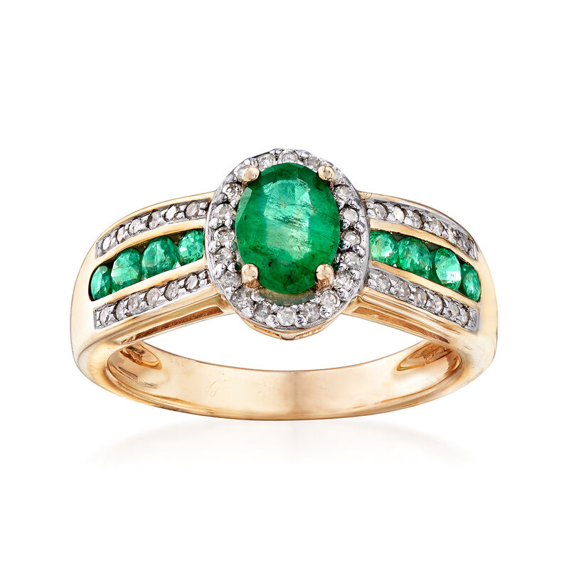 1.20 ct. t.w. Emerald and .22 ct. t.w. Diamond Ring in 14kt Yellow Gold image number 0