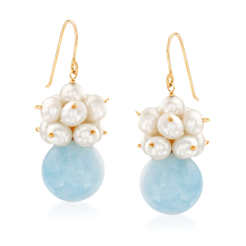 15.00 ct. t.w. Aquamarine and 3-4mm Cultured Pearl Drop Earrings in 14kt Yellow Gold image number 0