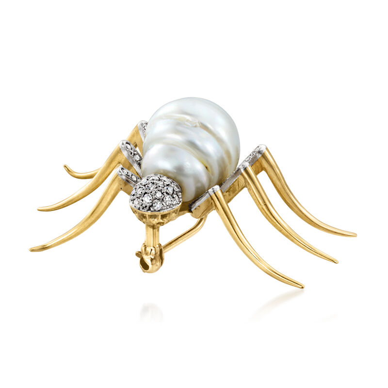 C. 1970 Vintage Cultured Baroque Pearl and .75 ct. t.w. Diamond Spider Pin in 18kt Yellow Gold and Palladium image number 2