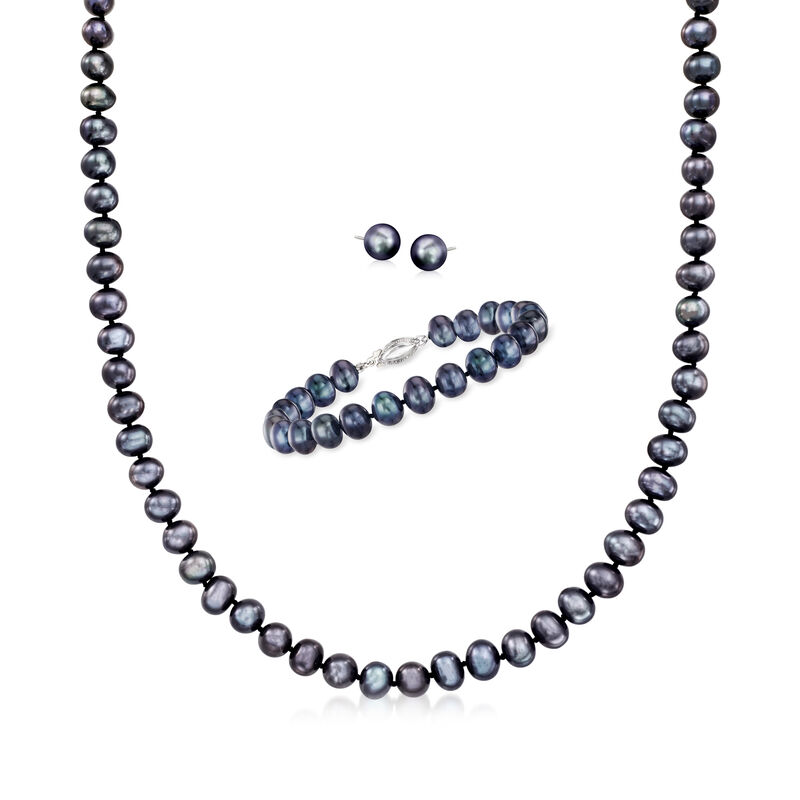 7-7.5mm Black Cultured Pearl Jewelry Set: Necklace, Bracelet and Stud Earrings with Sterling Silver. 18&quot; image number 1