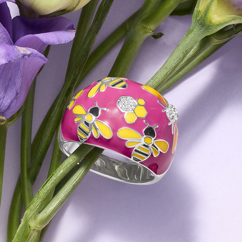 .10 ct. t.w. White Topaz and Multicolored Enamel Bumblebee Ring in Sterling Silver image number 3