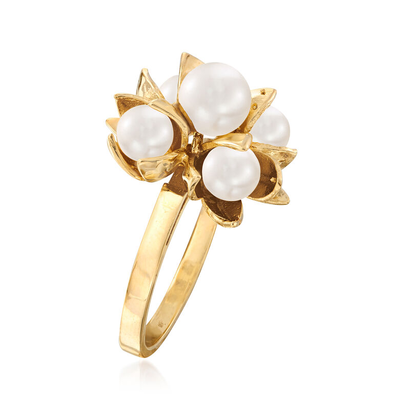 C. 1970 Vintage 5x6mm Cultured Akoya Pearl Flower Cluster Ring in 14kt Yellow Gold. Size 7 image number 2