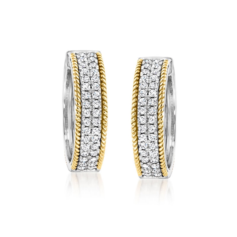 1.00 ct. t.w. Diamond Hoop Earrings in Sterling Silver and 14kt Yellow Gold. 3/4&quot; image number 2