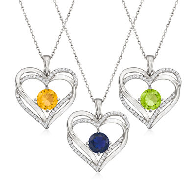 Birthstone Heart Pendant Necklace with CZs in Sterling Silver