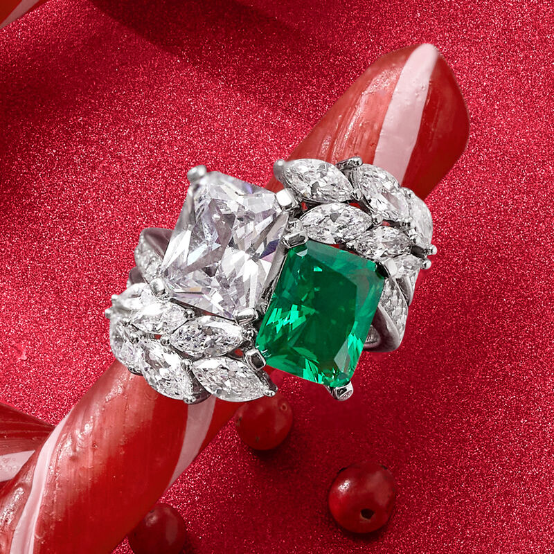 4.25 Carat Simulated Emerald and 6.85 ct. t.w. CZ Ring in Sterling Silver image number 6