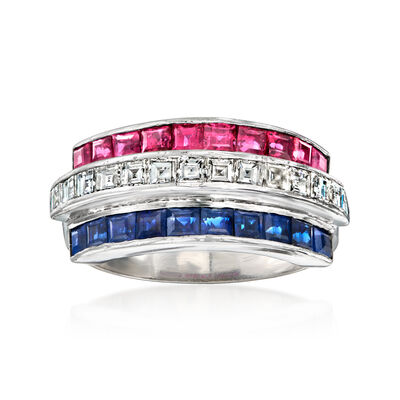 C. 1980 Vintage .91 ct. t.w. Ruby, .91 ct. t.w. Sapphire and .74 ct. t.w. Diamond Ring in Platinum