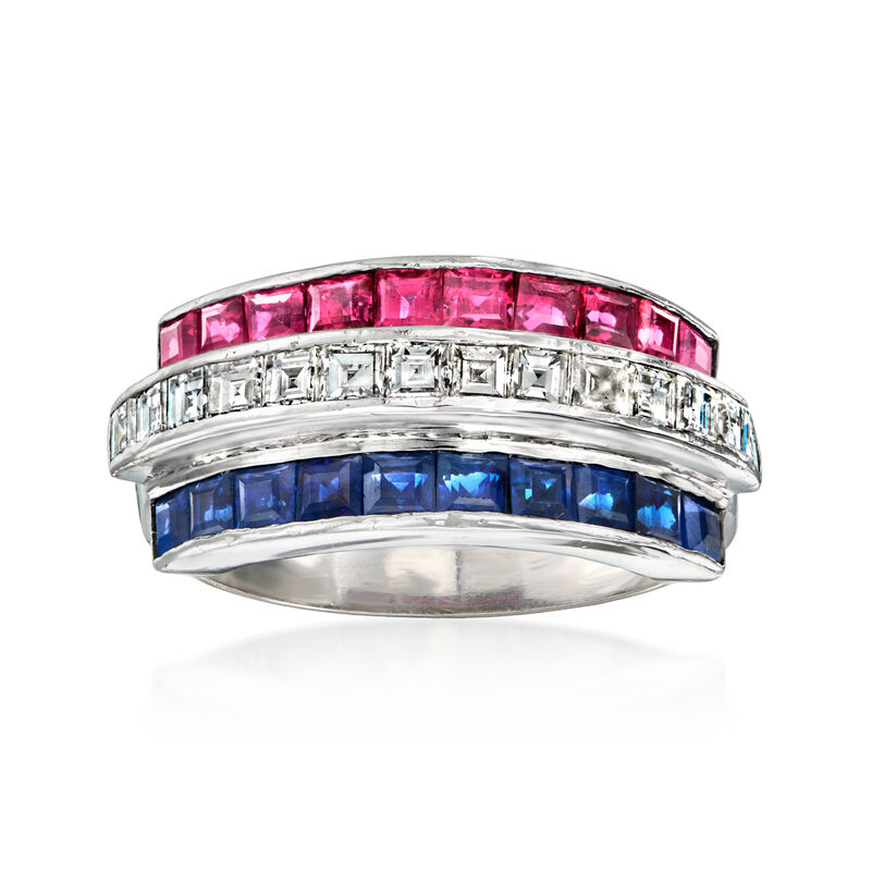 C. 1980 Vintage .91 ct. t.w. Ruby, .91 ct. t.w. Sapphire and .74 ct. t.w. Diamond Ring in Platinum. Size 6 image number 0