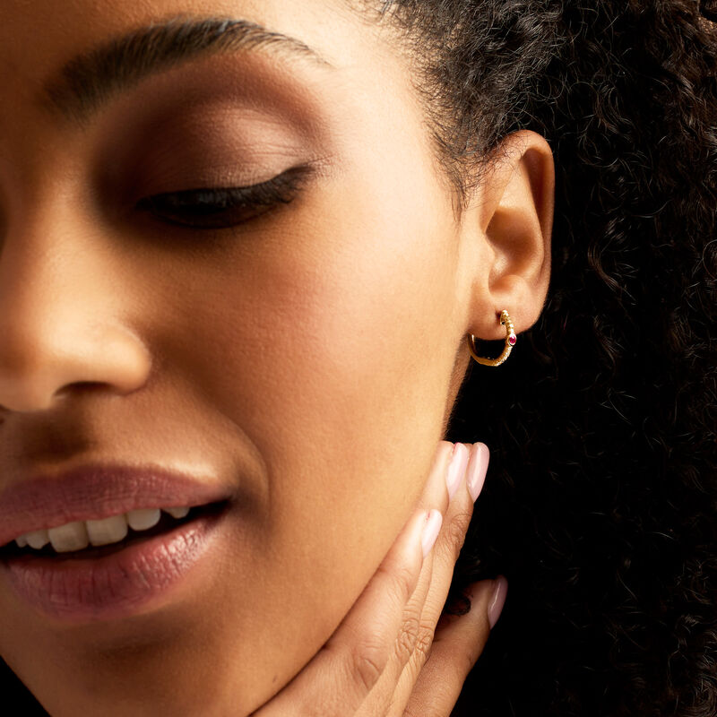 Ruby and Diamond Huggie Hoop Earrings in 14kt Yellow Gold. 3/8"