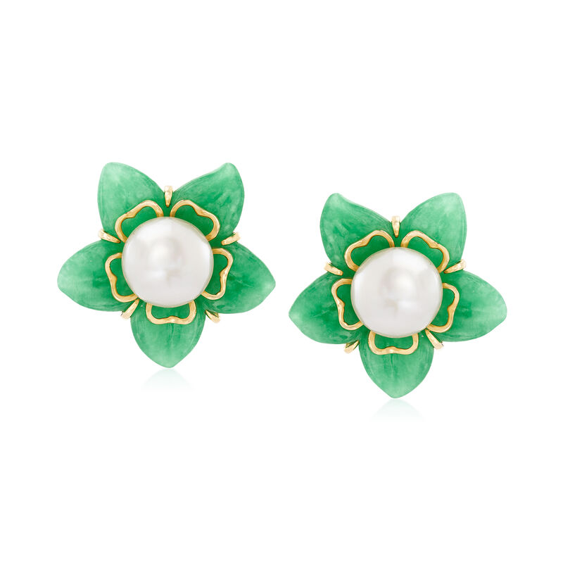 11-11.5mm Cultured Freshwater Pearl and Green Jade Flower Earrings with 14kt Yellow Gold image number 0