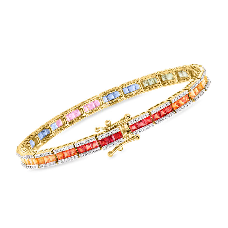 7.00 ct. t.w. Multicolored Sapphire and 1.15 ct. t.w. Diamond Bracelet in 14kt Yellow Gold. 7&quot; image number 2