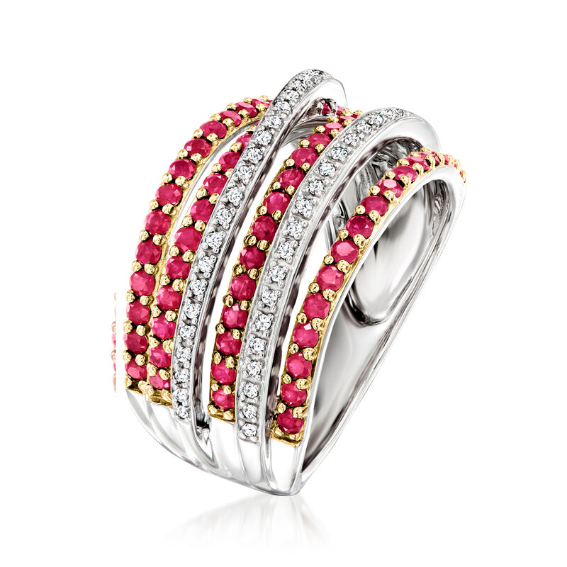 .90 ct. t.w. Ruby and .16 ct. t.w. Diamond Highway Ring in Sterling Silver and 18kt Rose Gold Over Sterling image number 2