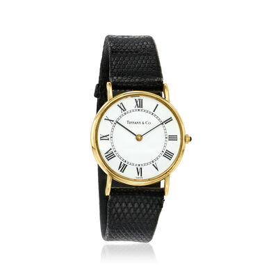C. 1980 Vintage Tiffany Jewelry Women's 30mmm 14kt Yellow Gold Watch with Black Leather Strap