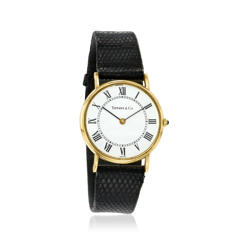 C. 1980 Vintage Tiffany Jewelry Women's 30mmm 14kt Yellow Gold Watch with Black Leather Strap. 8 1/4" image number 0