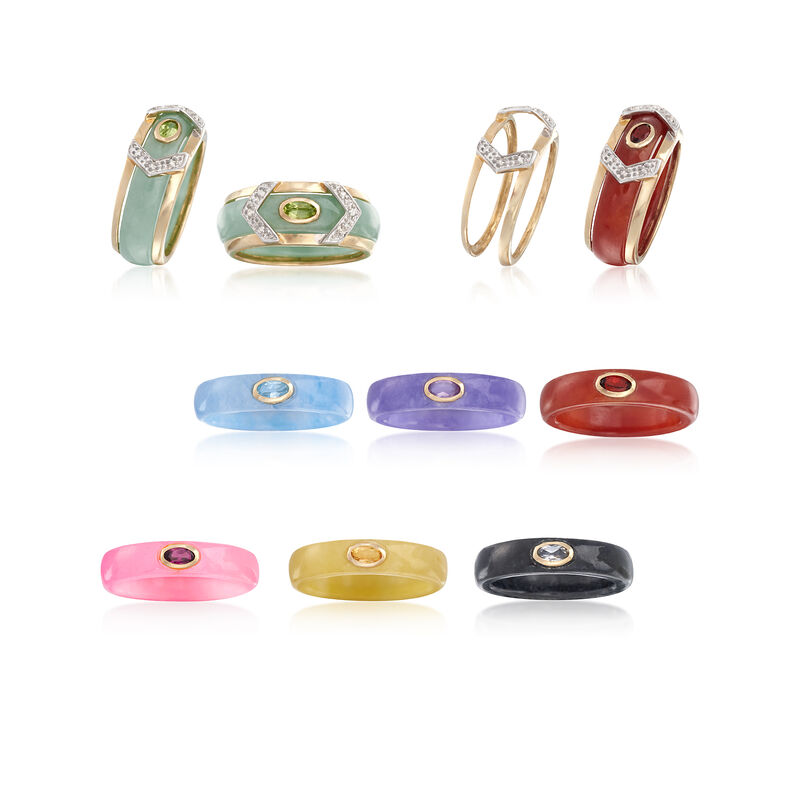 Multicolored Jade and Multi-Stone Jewelry Set: Seven Bands with Diamond-Accented 14kt Gold Ring Jacket image number 3