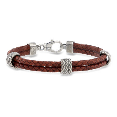 Phillip Gavriel Men's Brown Leather Station Bracelet with Sterling Silver