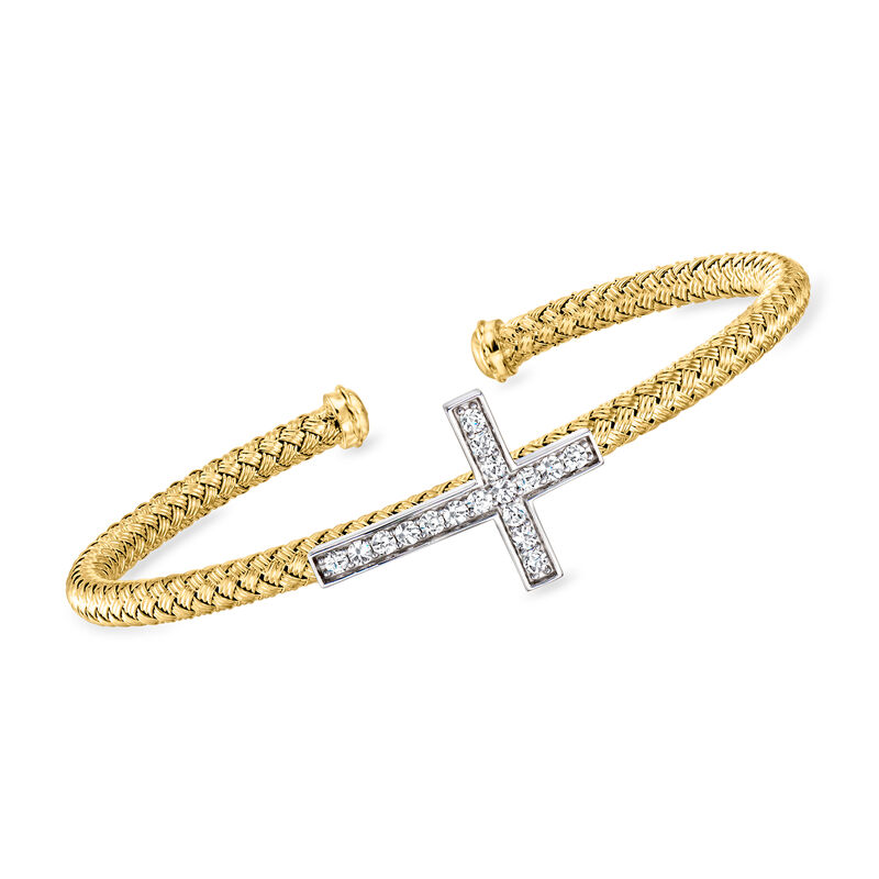 Charles Garnier &quot;Grace&quot; .50 ct. t.w. CZ Sideways Cross Cuff Bracelet in 18kt Gold Over Sterling with Sterling Silver. 7.5&quot; image number 0