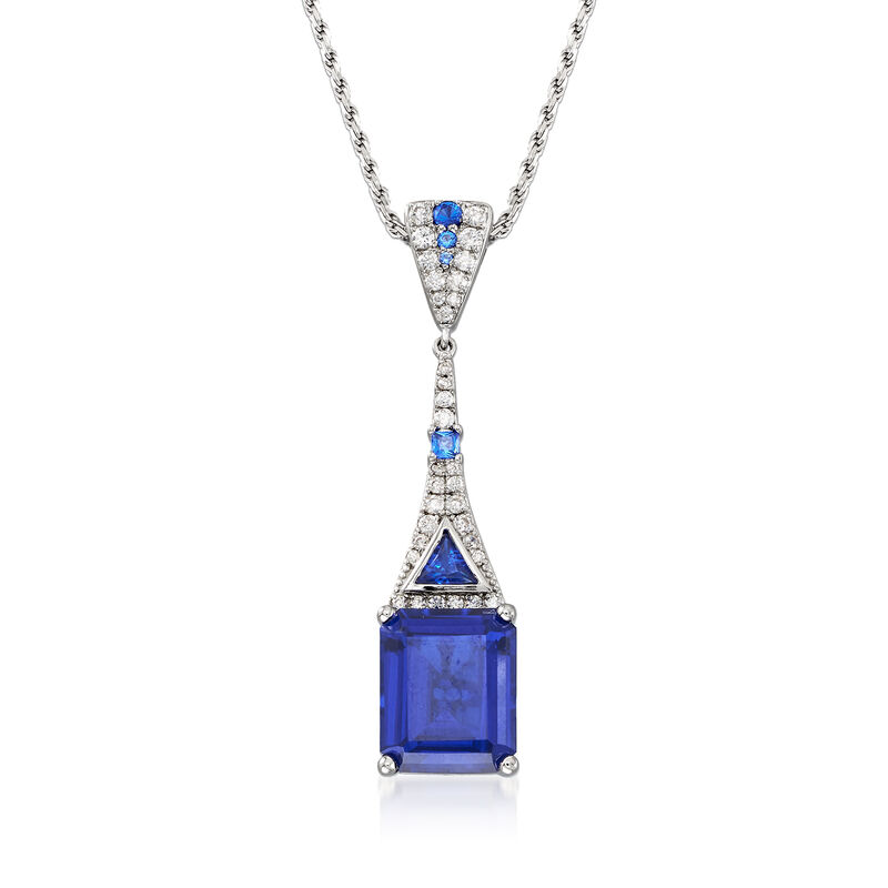 6.76 ct. t.w. Simulated Sapphire and .30 ct. t.w. CZ Drop Pendant Necklace in Sterling Silver image number 1