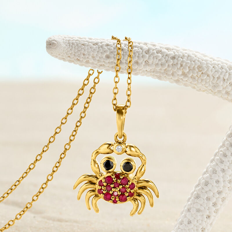 .30 ct. t.w. Ruby and .10 ct. t.w. Black Spinel Crab Pendant Necklace with Single Diamond in 18kt Gold Over Sterling. 18&quot; image number 2