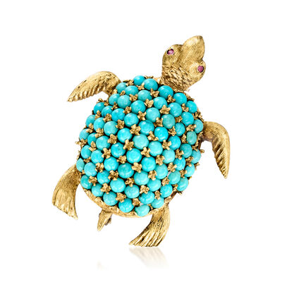 C. 1960 Vintage Turquoise Turtle Pin with Rubies in 18kt Yellow Gold