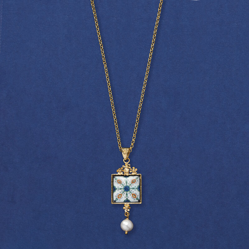 Italian 9mm Cultured Pearl Majolica Tile Pendant Necklace in 18kt Gold Over Sterling image number 3