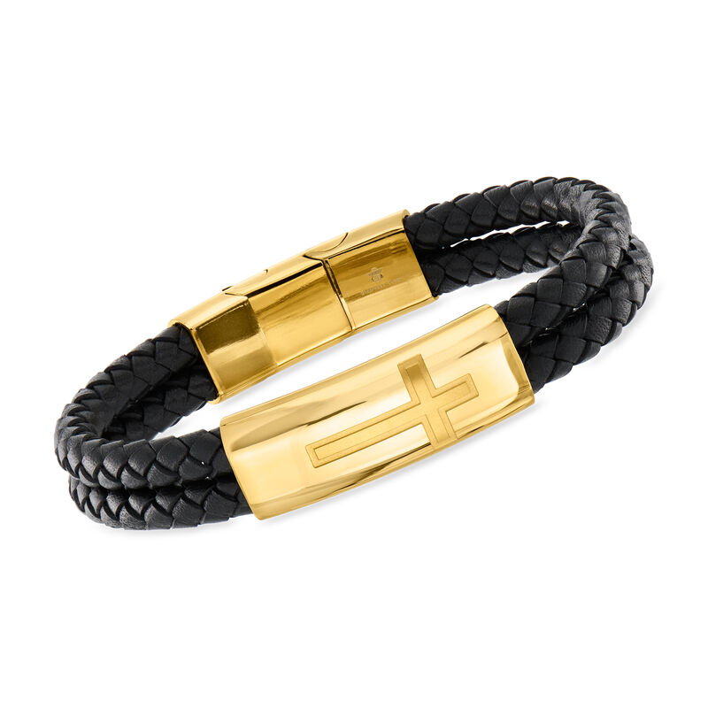 Men's Yellow Stainless Steel Cross Bracelet with Black Leather. 8&quot; image number 0
