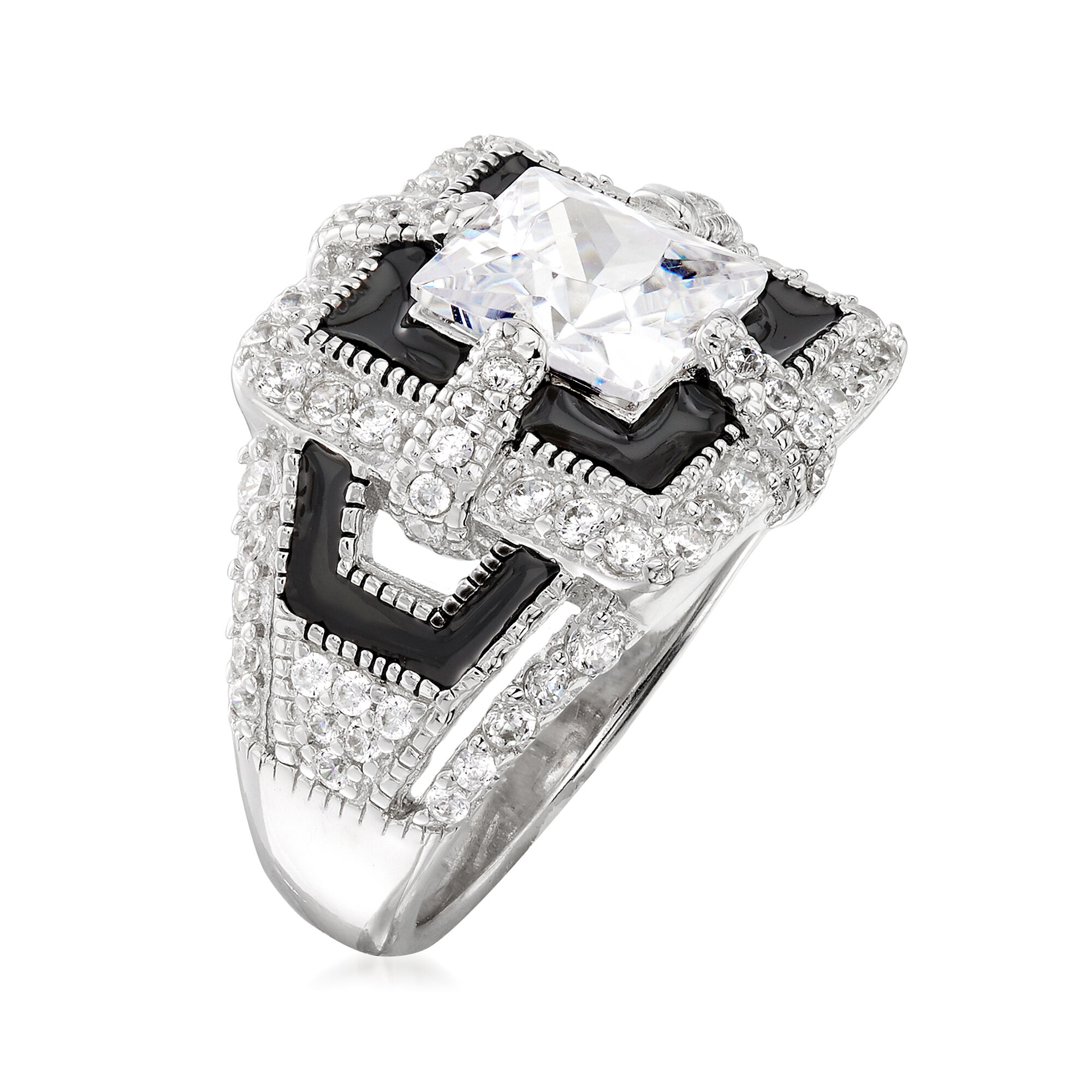 5.91 ct. t.w. CZ and Black Enamel Art Deco-Style Ring in