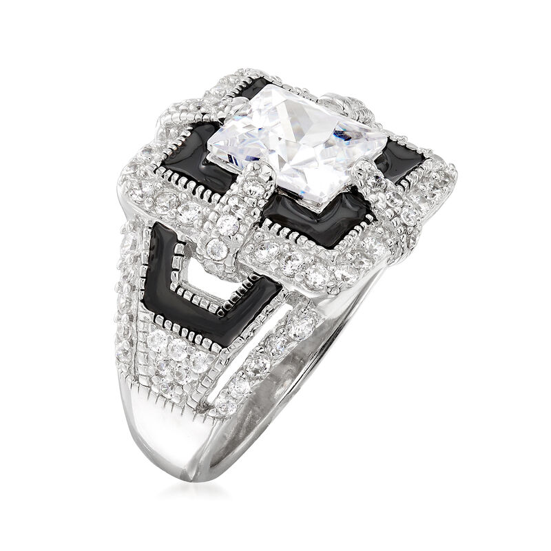 5.91 ct. t.w. CZ and Black Enamel Art Deco-Style Ring in Sterling Silver image number 2