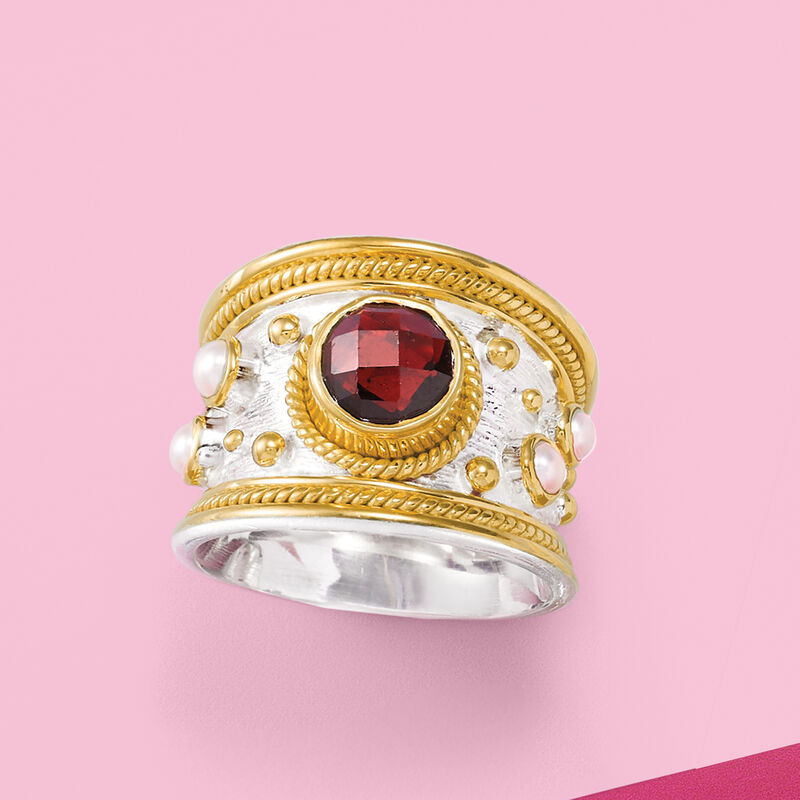 2.20 Carat Garnet and 3mm Cultured Pearl Ring in Sterling Silver and 18kt Gold Over Silver image number 4