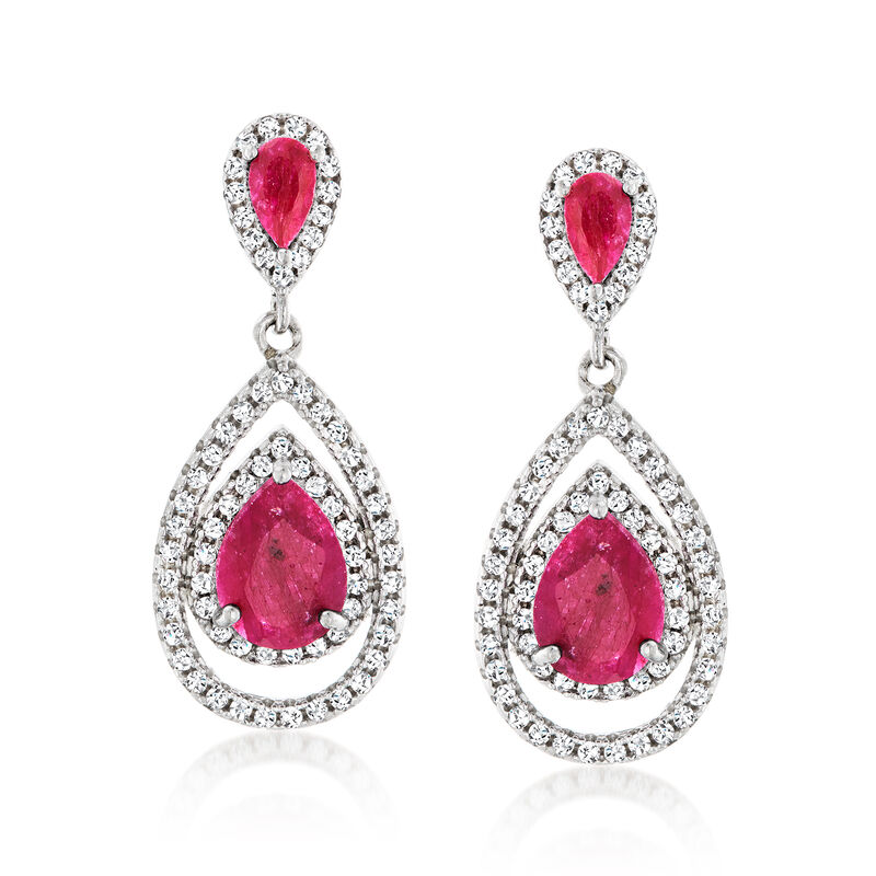 5.25 ct. t.w. Ruby and 1.40 ct. t.w. White Topaz Teardrop Earrings in Sterling Silver image number 0