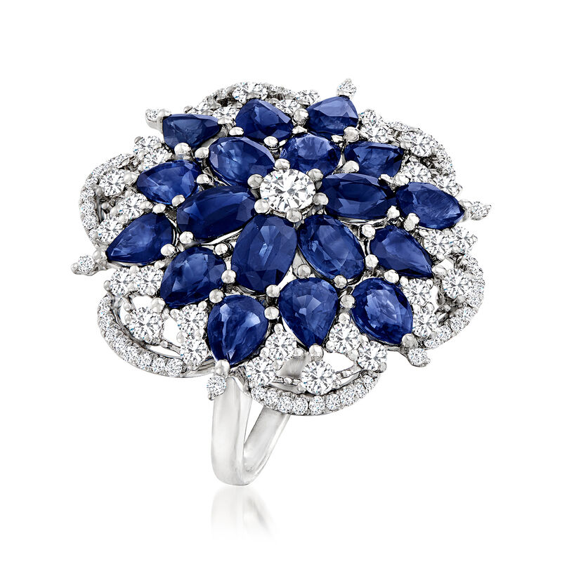 C. 1980 Vintage 7.65 ct. t.w. Sapphire and 1.57 ct. t.w. Diamond Flower Ring in 18kt White Gold image number 2