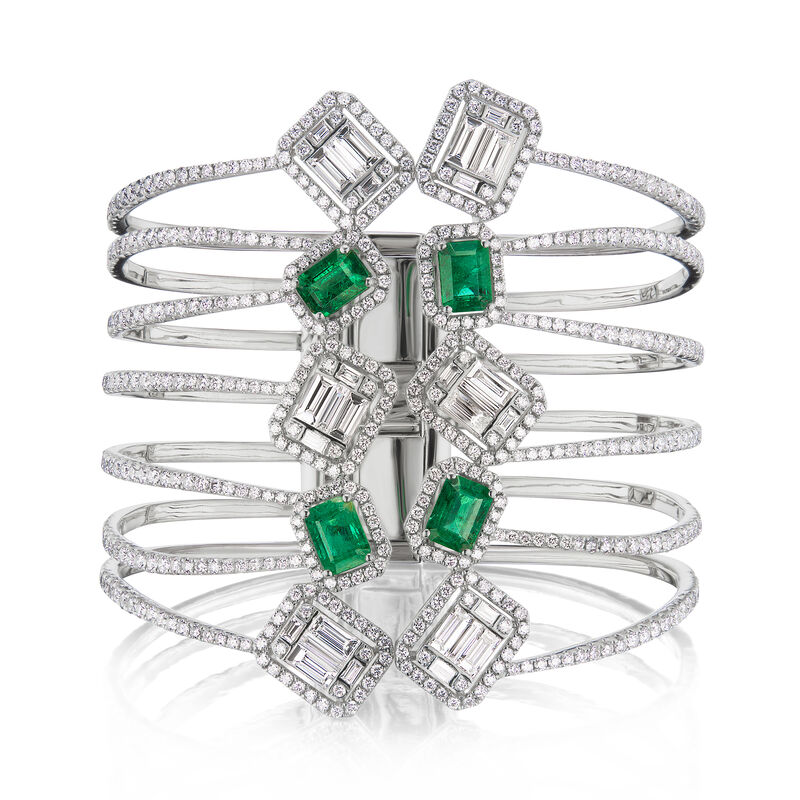 12.11 ct. t.w. Diamond and 4.90 ct. t.w. Emerald Open-Space Bangle Bracelet in 18kt White Gold image number 0