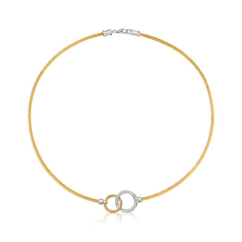 ALOR Two-Tone &quot;Classique&quot; .19 ct. t.w. Diamond Interlocking Circles Stainless Steel Cable Necklace with 18kt White Gold. 17&quot; image number 1