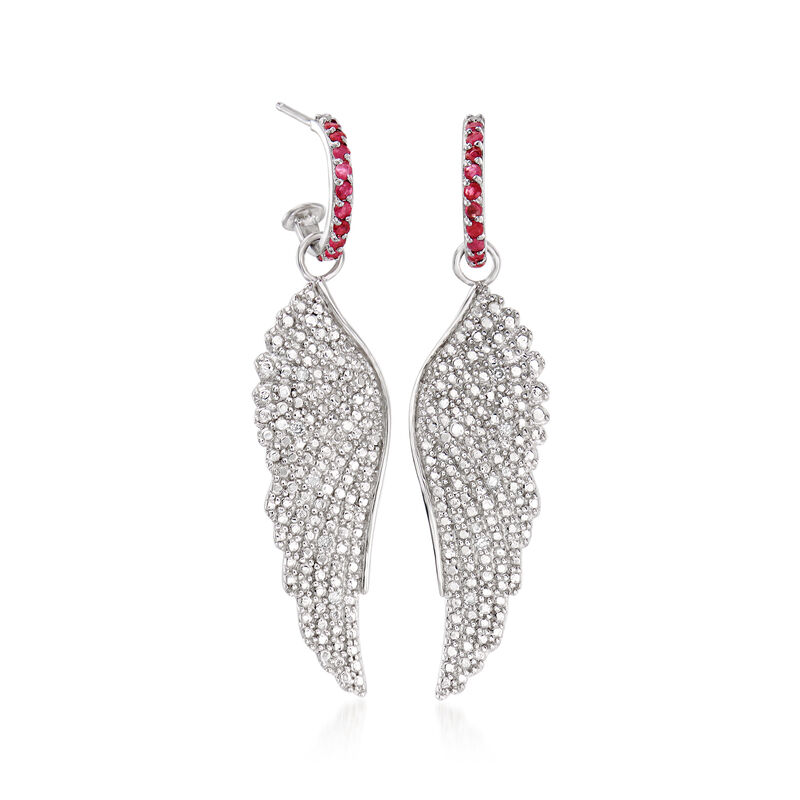 .50 ct. t.w. Ruby and .10 ct. t.w. Diamond Removable Angel Wing Drop Earrings in Sterling Silver  image number 2