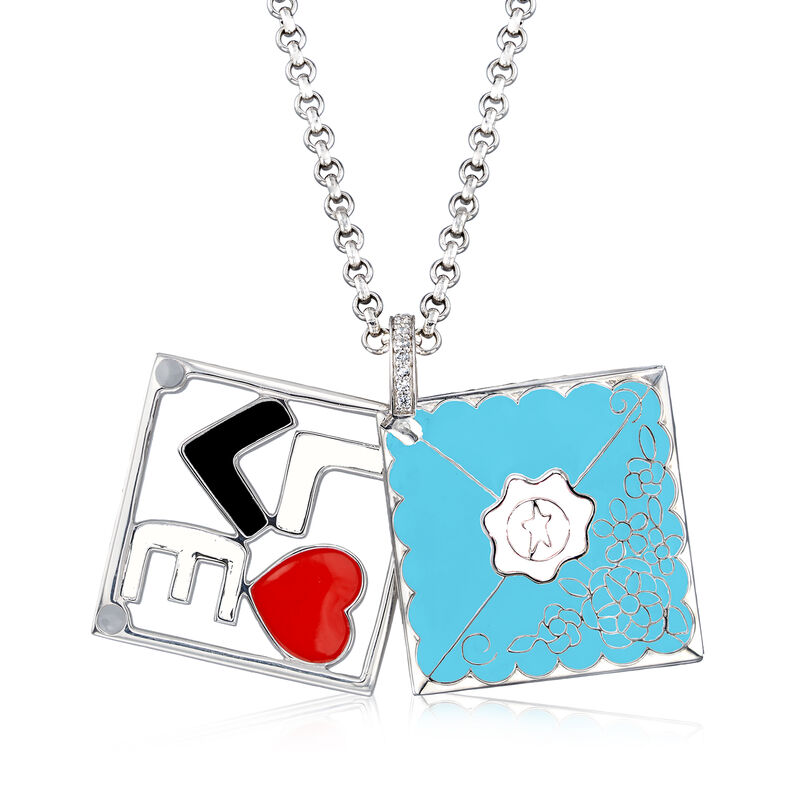 Belle Etoile &quot;Love Letter&quot; Blue Enamel Pendant with CZ Accents in Sterling Silver image number 2