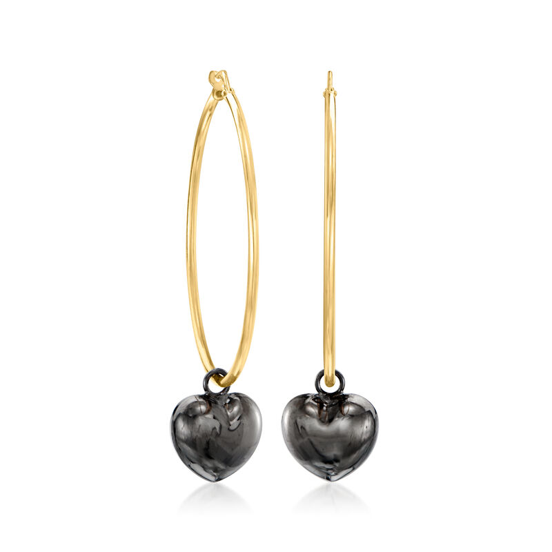 Italian 18kt Gold Over Sterling Hoop Earrings with Removable Black Rhodium and Sterling Silver Heart Charms. 2 1/4&quot; image number 2
