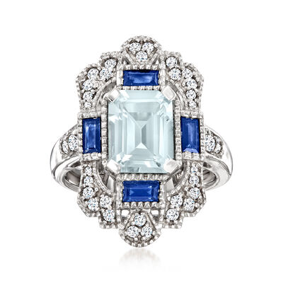 1.70 Carat Aquamarine and .50 ct. t.w. Sapphire Ring with .50 ct. t.w. White Zircons in Sterling Silver