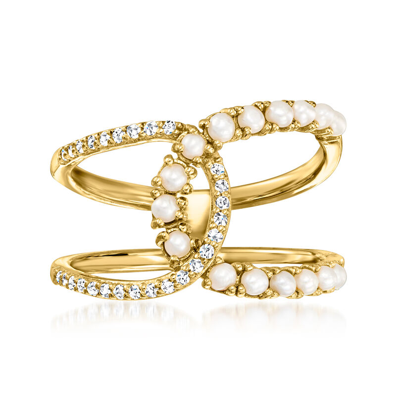 1.75-2.25mm Cultured Pearl and .10 ct. t.w. White Topaz Horseshoe Ring in 18kt Gold Over Sterling image number 0