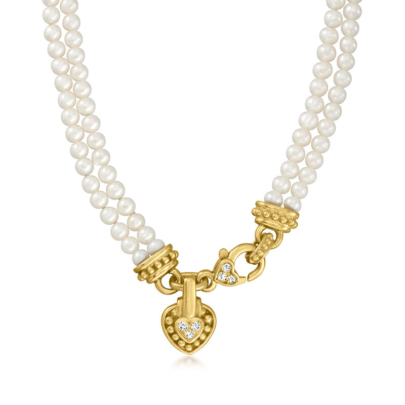 C. 1990 Vintage Judith Ripka 4.5mm Cultured Pearl and .30 ct. t.w. Diamond Necklace with Removable Heart Charm in 18kt Yellow Gold image number 0