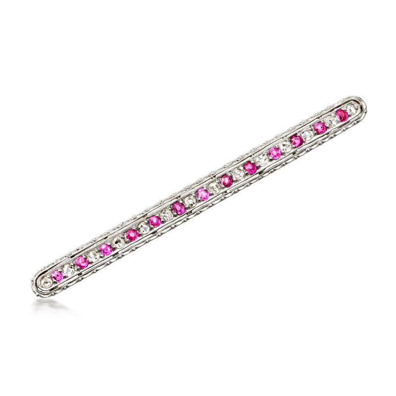 C. 1950 Vintage .75 ct. t.w. Ruby and .45 ct. t.w. Diamond Bar Pin in Platinum and 14kt White Gold image number 0