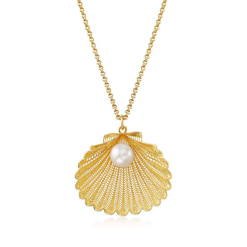 Italian 7mm Cultured Pearl Seashell Pendant Necklace in 18kt Gold Over Sterling Silver. 18&quot; image number 1