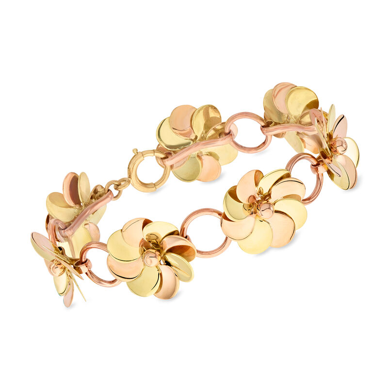 C. 1940 Vintage 14kt Two-Tone Gold Flower-Link Bracelet. 7&quot; image number 0
