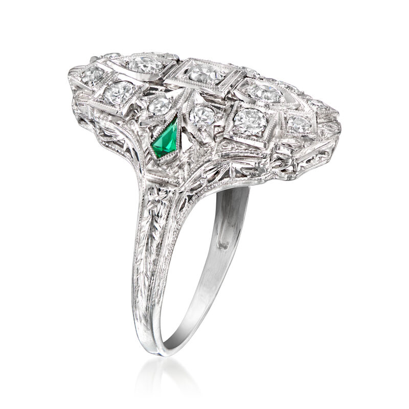 C. 1950 Vintage .70 ct. t.w. Diamond Dinner Ring with Synthetic Emeralds in 18kt White Gold. Size 7 image number 2