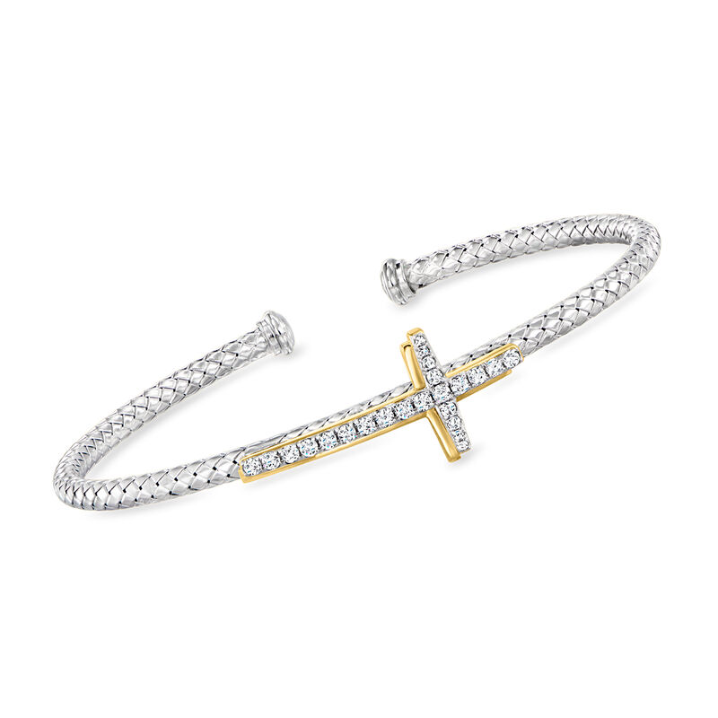 Charles Garnier .30 ct. t.w. CZ Cross Cross Bracelet in Sterling Silver and 18kt Gold Over Sterling. 7.5&quot; image number 0