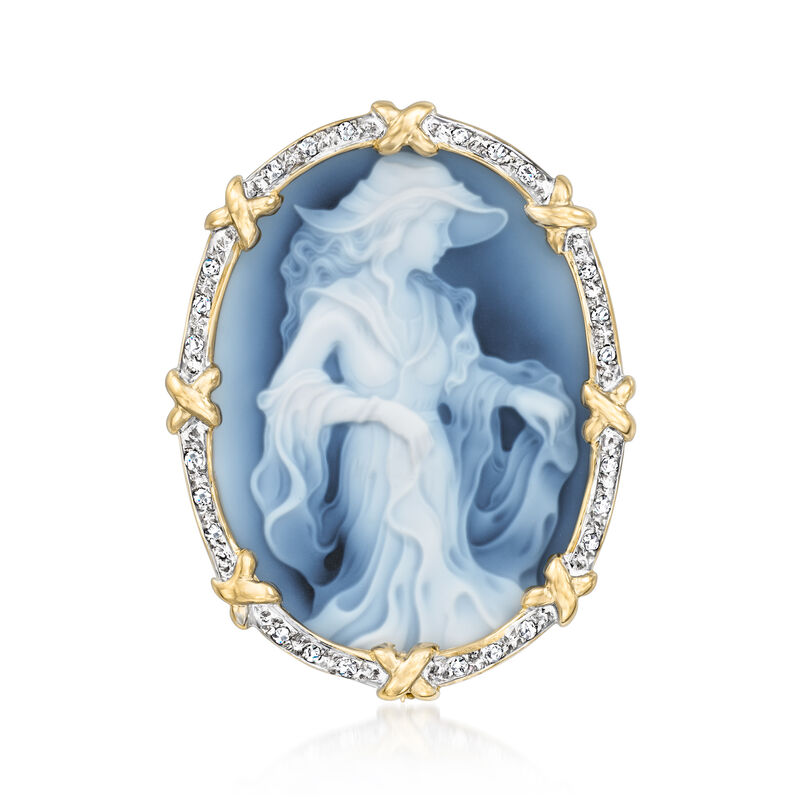 C. 1990 Vintage Blue Agate Cameo Pin with .35 ct. t.w. Diamonds in 14kt Two-Tone Gold image number 0