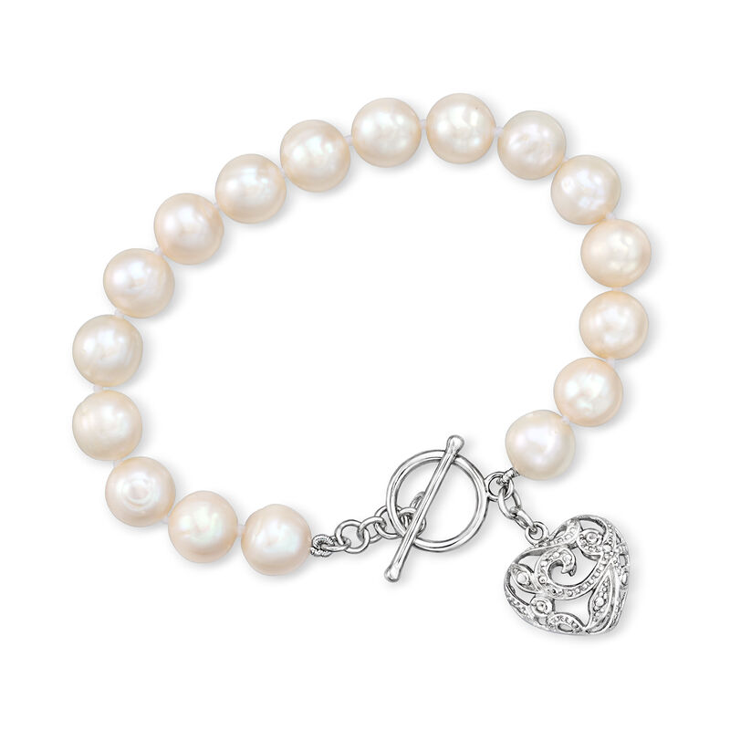 8-9mm Cultured Pearl and Sterling Silver Heart Toggle Bracelet. 7" image number 0