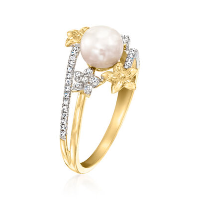 6.5-7mm Cultured Pearl Floral Bypass Ring with .10 ct. t.w. Diamonds in 14kt Yellow Gold