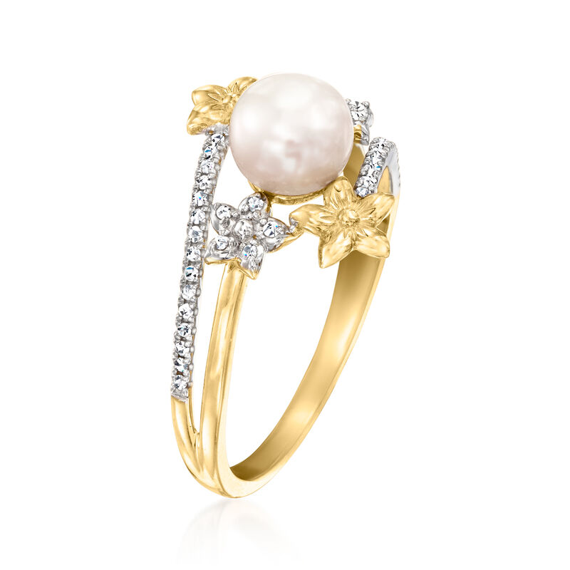 6.5-7mm Cultured Pearl Floral Bypass Ring with .10 ct. t.w. Diamonds in 14kt Yellow Gold image number 1